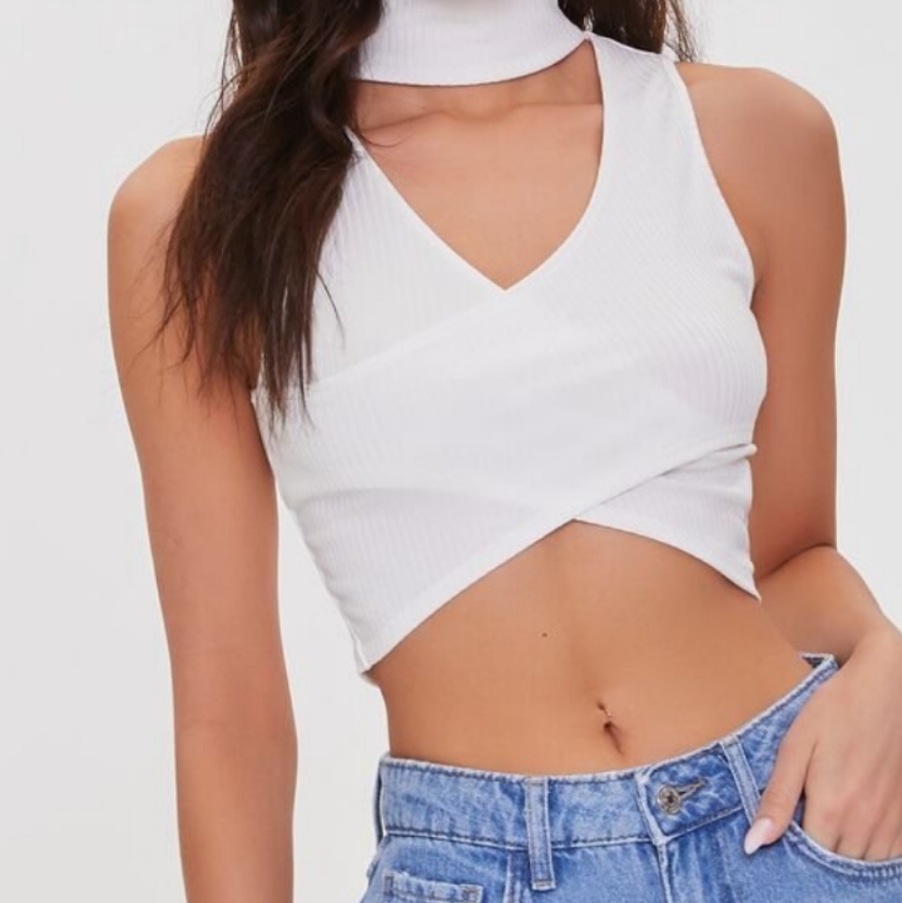 White ribbed crossover cutout crop top